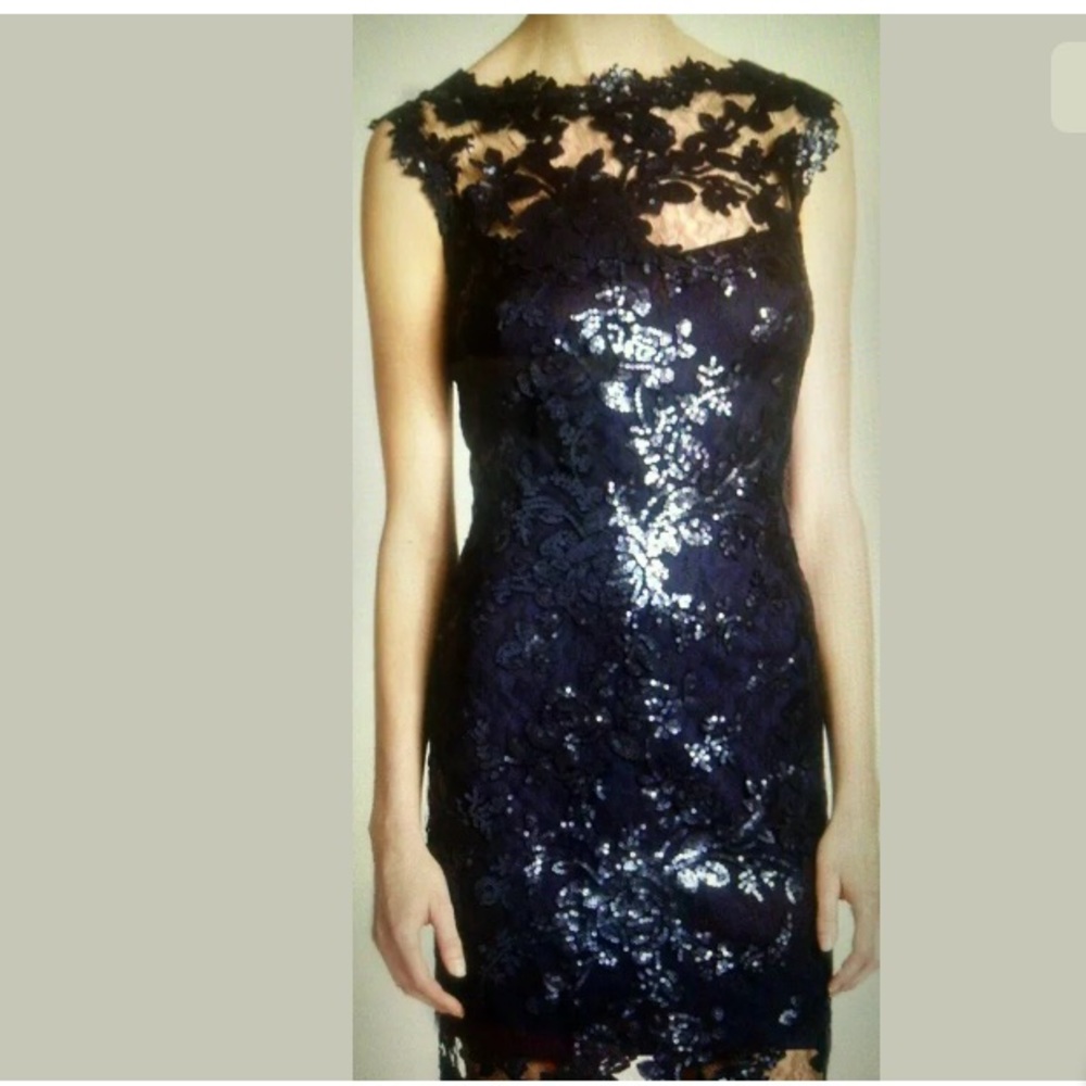 Tadashi Shoji Sequin Illusion sheath blue dress 16